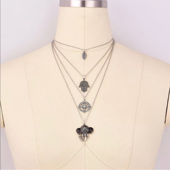 4-Strand Necklace Elephant Leaf Hamsa-Hand Compass - Picture 3 of 5